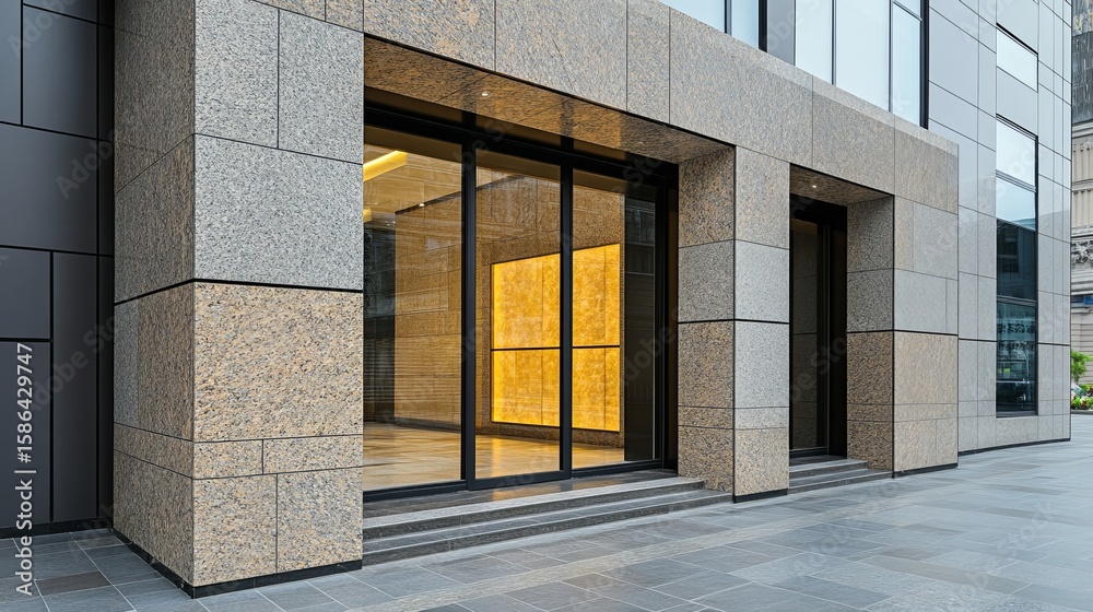 Fototapeta premium Modern Facade Stone Building Entrance with Glass Doors and Interior Lighting, architecture ,design