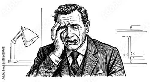  Businessman Crying – Hand Drawn doodle Ink Sketch black and white illustration vector, Engraving Style or Woodcut SVG