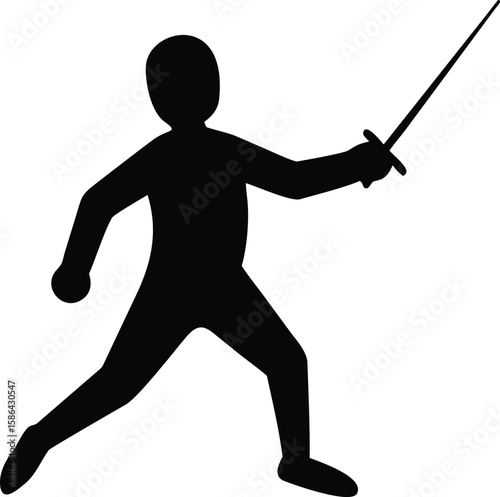 Silhouette of a fencer in action, holding a sword, dynamic pose.