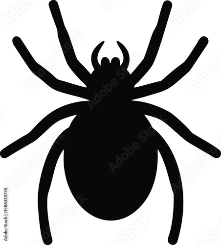 A simple, black silhouette of a spider with eight legs, isolated on white.