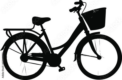 Silhouette of a classic bicycle with a basket, rear rack, and fenders, presented in a clean, minimalist style against a white background.