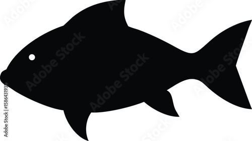 Silhouette of a fish with prominent fins and a visible eye, presented against a white background.