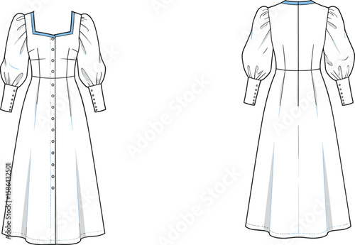 Technical flat sketch of a women's oversized long-sleeve shirt featuring a classic collar, front button placket, double chest flap pockets, and buttoned cuffs with decorative straps, 
