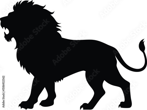 Silhouette of a roaring male lion standing in profile, with a full mane and curled tail.