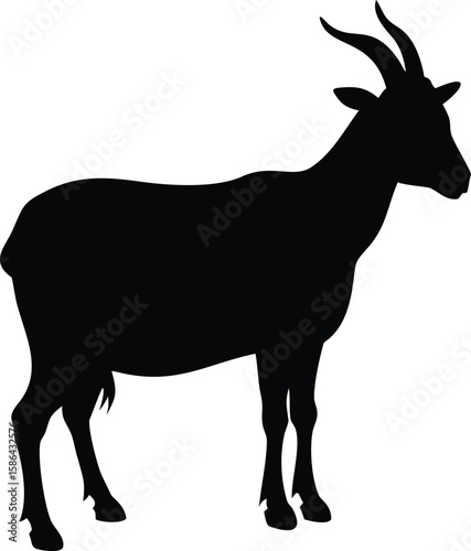 Silhouette of a standing goat, profile view, simple black shape.