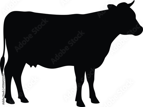 Silhouette of a standing cow, profile view, simple black shape.