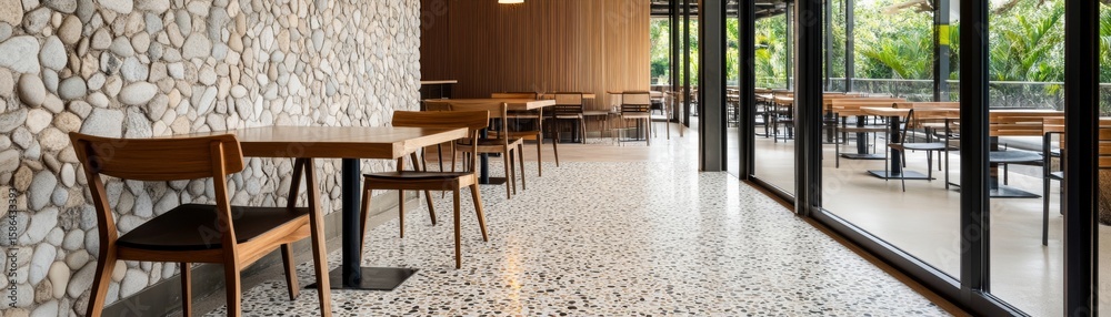 Fototapeta premium Modern Restaurant Interior with Stone Wall and Terrazzo Floor, Architecture, Design