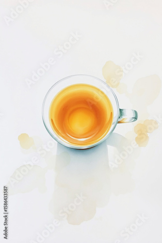 A high-angle watercolor painting of tea, featuring delicate translucent washes and fluid brushstrokes, creating a sense of looking down from an elevated perspective