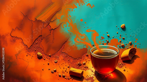 A painting of tea in warm terracotta and cool teal hues, bathed in strong, hard light, creating dramatic earthy and cool contrasts with harsh shadows