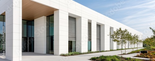 Modern White Building Facade with Louvers and Glass, Architecture , Facade