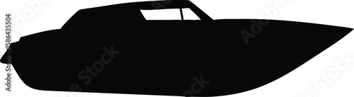 A silhouetted depiction of a motorboat, showcasing its hull and cabin.