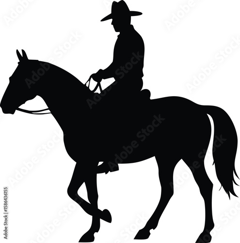 Silhouette of a cowboy riding a horse, captured in profile, showcasing the rider's posture.