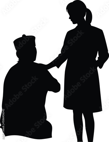 Silhouette of a kneeling man being helped by a woman, possibly a doctor or caregiver.