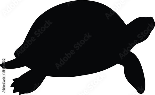 A black silhouette of a turtle, depicting its shell, head, and flipper-like limbs, in a simple outline.