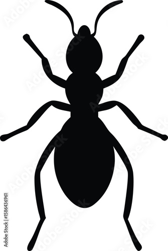 Black silhouette of an ant, viewed from above, showcasing its six legs and body segments.