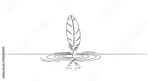 Single line outline vector feather creating ripples in water  