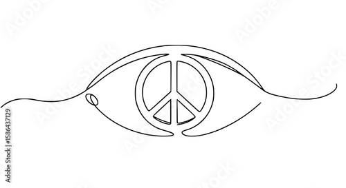 Peace symbol inside an eye represented in single line outline vector  