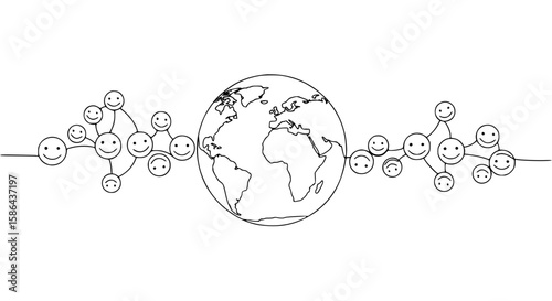 World illustration with smiley faces connected in a single line outline  