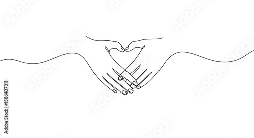 Two hands forming a heart shape in single line outline vector style  