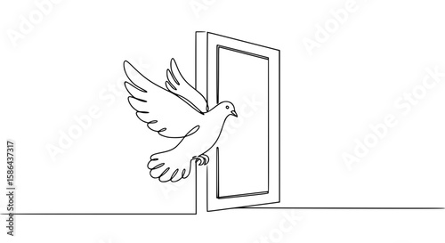 Outline of a dove flying out of an open door representing peace day Concept of single line outline vector peace day  