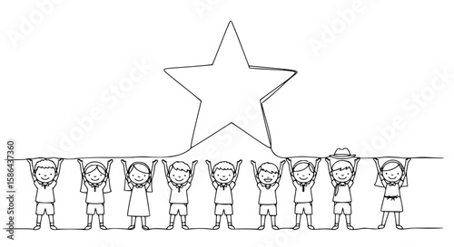 Children holding hands under a star in a single line outline design  