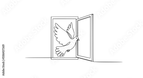 Outline illustration of a dove flying from an open door, peace day concept  