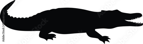 Silhouette of an alligator with its mouth open, displaying its teeth.