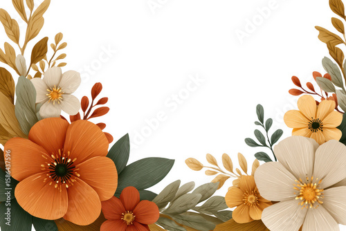 Autumn floral border with orange cream and yellow flowers and green leaves