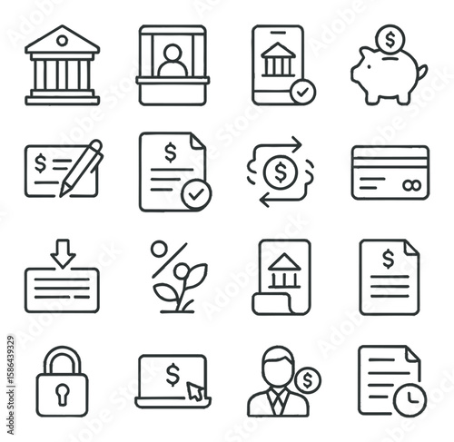 Banking icon collection: fintech linear icons for banking, finance, credit, security, payment