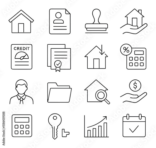Mortgage icon collection. minimal linear style: house, contract, key, calculator, chart, loan