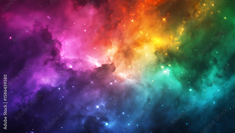 Fototapeta premium Colorful Nebula with Sparkling Stars, a Vibrant Cosmic Landscape of Interstellar Dust and Gaseous Clouds