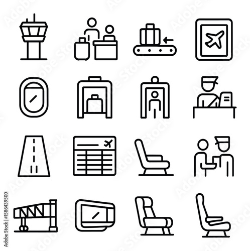 Airport icon collection: minimalist linear symbols. tower, luggage, passport, and more