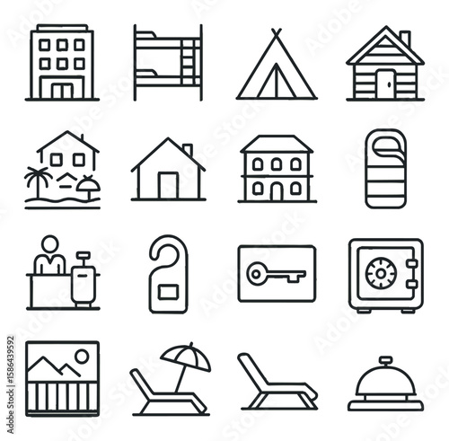Accommodation icon collection. minimalistic linear hotel, tent, lodge, key, safe, bed