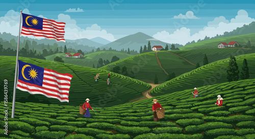 A beautiful, lush tea plantation in the hills of Malaysia, with the Malaysian flag proudly waving in the foreground.