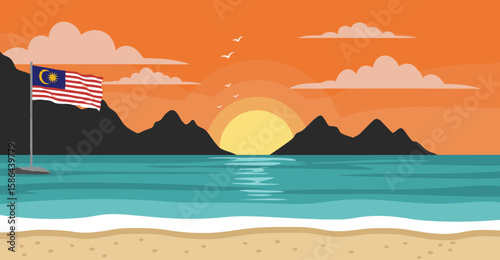 A serene and picturesque beach scene featuring a large, waving Malaysian flag standing tall on the shore.