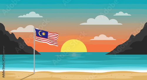 A serene and picturesque beach scene featuring a large, waving Malaysian flag standing tall on the shore.