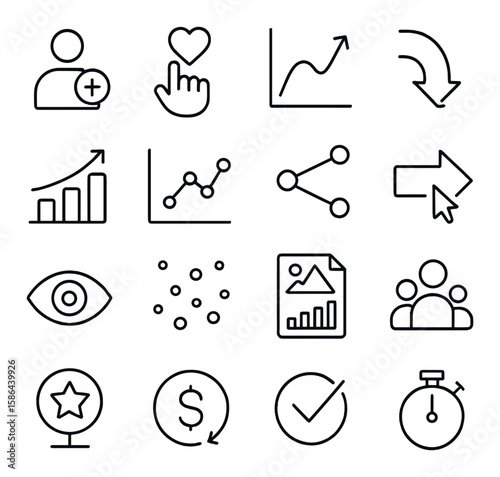 Minimalistic metrics icon collection. simple linear analytics, chart, graph, arrow, share, eye, dollar, check, timer