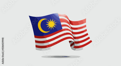 This vector shows a dynamic and flowing Malaysian flag, captured mid-wave.