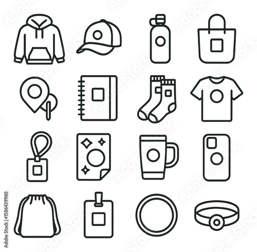 Minimalist merch icon collection. simple linear hoodie, cap, bottle, map, socks, t-shirt