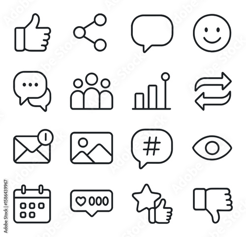 Social media icon collection: simple linear icons for messenger, email, hashtag, like, dislike,