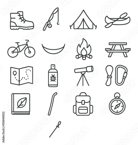 Nature activity icon collection. simple camping, hiking, fishing, biking, navigation