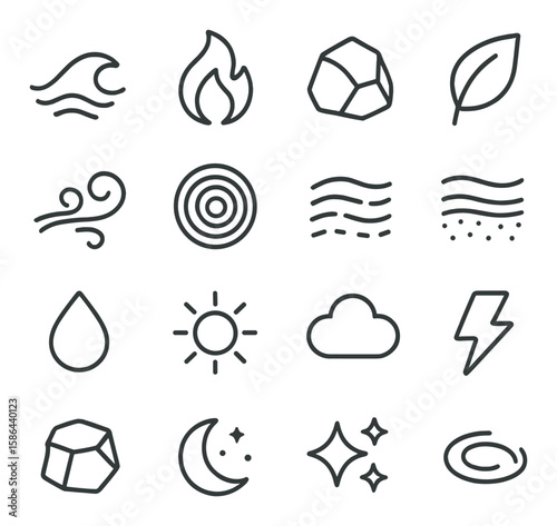 Minimalist nature icon collection. simple nature symbols: wave, fire, leaf, sun, moon, cloud