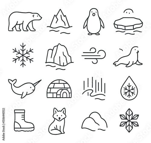 Minimalist arctic icon collection. simple polar bear, penguin, igloo, iceberg, fox