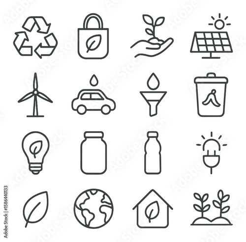 Eco icon collection. simple eco-friendly icons. recycling, wind, solar, plant, water, energy, bag, globe, light, home