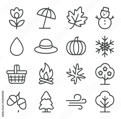 Nature seasons icon collection: simple linear icons. flower, umbrella, leaf, snowman