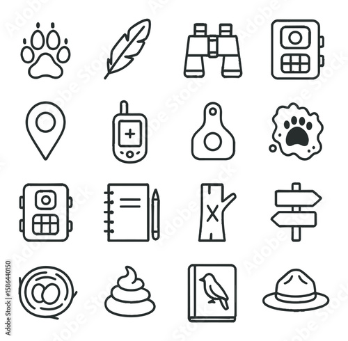 Wildlife tracking icon collection. minimalistic feather, binoculars, footprint, map, compass, hat, bird guide, nature symbols silhouette