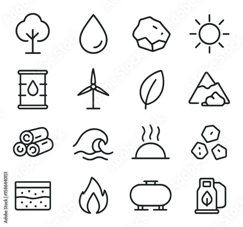 Natural resources icon collection. minimalist environment linear icons: tree, water, stone, sun, energy, wind, nature
