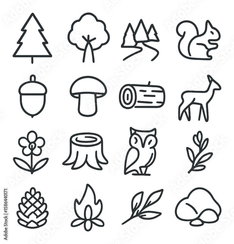 Minimalist forest icon collection. simple nature, tree, squirrel, owl, leaf, flower, mushroom, deer