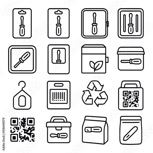 Screwdriver packaging icon collection: simple linear icons for box, barcode, recycle, qr