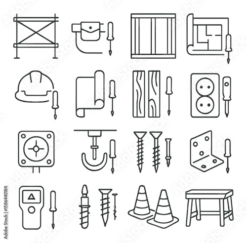 Construction icon collection. minimal linear tools and materials. helmet, blueprint, drill, screw